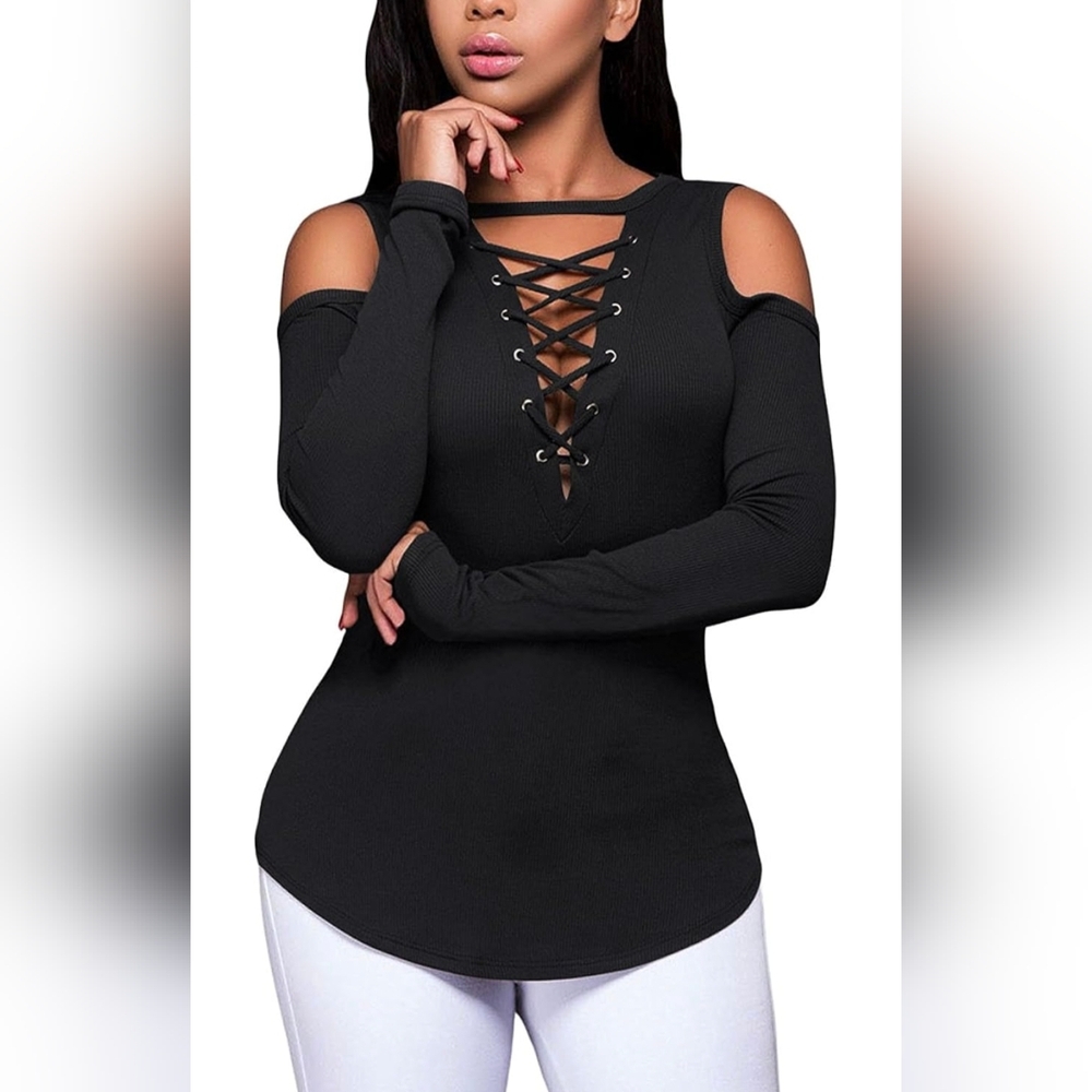 Women's Sexy V-Neck Cold Shoulder Long Sleeve Slim Blouse Ribbed Shirt Lace-Up